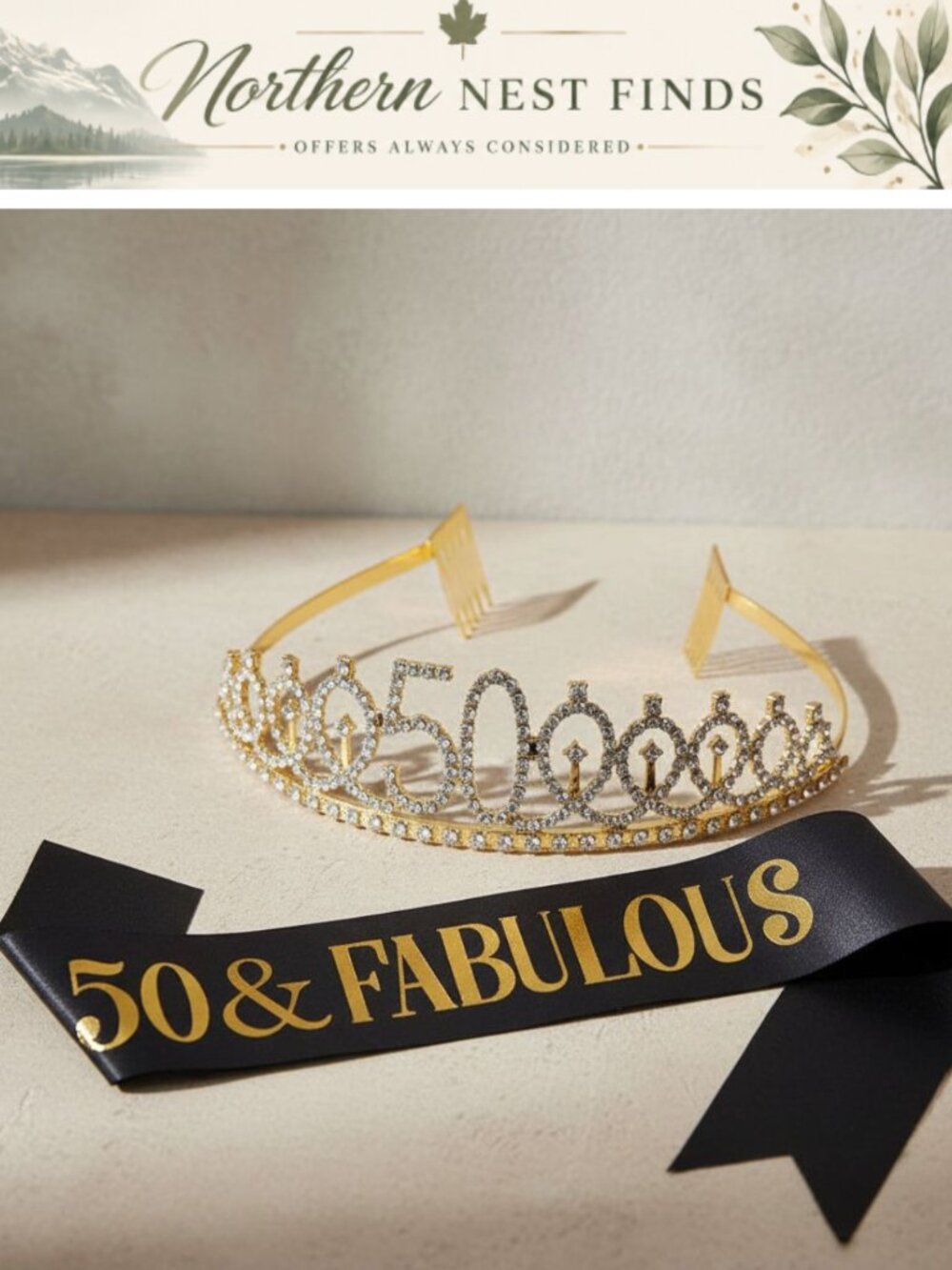50th Birthday Sash and Rhinestone Tiara Set Women's Party Decor